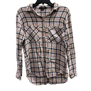 Sanctuary boyfriend plaid linen blend beige blue grunge Streetwear shirt sz XS